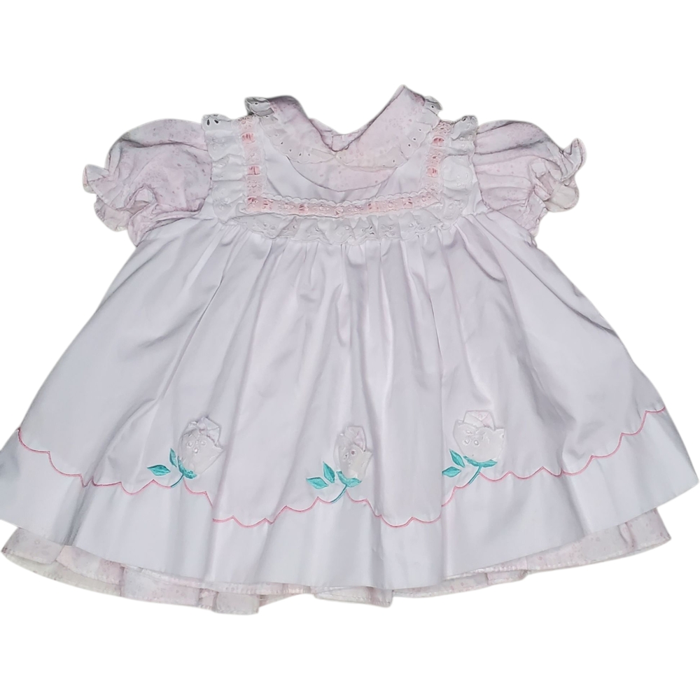 Vintage Baby Togs 2 Piece Dress Ruffles & Lace White|Pink Roses Baby Girls 24M
